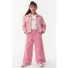 Kız Çocuk Ceket Desenli Bol Paça Pantolon 3lü Pembe Takım