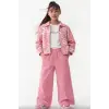 Kız Çocuk Ceket Desenli Bol Paça Pantolon 3lü Pembe Takım