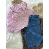 Kız Çocuk Bebe Yaka Kalpli Gömlek Kot Takım