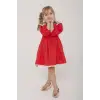 Kız Çocuk Çiçek Yakalı %100 Pamuk Kırmızı Elbise