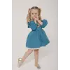 Kız Çocuk Çiçek Yakalı %100 Pamuk Mavi Elbise