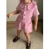 Kız Çocuk Bebe Yaka Taşlı Pembe Şort Tulum