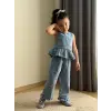 Kız Çocuk Çiçek Nakışlı Kot Alt-Üst Takım