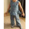 Kız Çocuk Çiçek Nakışlı Kot Alt-Üst Takım