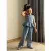 Kız Çocuk Çiçek Nakışlı Kot Alt-Üst Takım