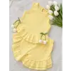Kız Çocuk Lale Çiçek Dekorlu Müslin Takım