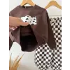 Unisex Çocuk Kedi Baskılı Dama Kahve Alt-Üst Takım