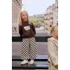 Unisex Çocuk Kedi Baskılı Dama Kahve Alt-Üst Takım