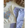 Kız Çocuk 3D Çiçek İşlemeli Lila %100 Pamuk Takım