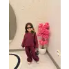 Kız Çocuk Ceketli Bol Paça Pantolon Bordo Takım
