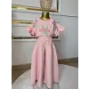 Kız Çocuk Çiçek Detaylı Pembe Bol Paça Takım