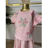 Kız Çocuk Çiçek Detaylı Pembe Bol Paça Takım