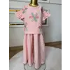 Kız Çocuk Çiçek Detaylı Pembe Bol Paça Takım