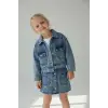 Kız Çocuk Çiçek Nakışlı Etekli Mavi 3lü Denim Takım