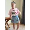 Kız Çocuk Pembe Hello Kity Kuromi Baskılı Tişört Kot Şort Etekli Takım