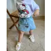 Kız Çocuk Beyaz Hello Kity Kuromi Baskılı Tişört Kot Şort Etekli Takım