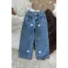 Kız Çocuk Kalp Detaylı Bol Paça Kot Pantolon