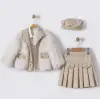 Kız Çocuk Kürklü Deri Etekli 4lü Krem Takım