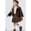 Kız Çocuk Kürklü Deri Etekli 4lü Acı Kahve Takım