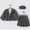 Kız Çocuk Kürklü Deri Etekli 4lü Gri Takım
