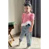 Kız Çocuk Pembe Fırfır Detay Kot Takım