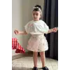 Kız Çocuk Pembe Zambak İşlemeli Aplike Etekli Yazlık Takım