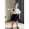 Kız Çocuk Siyah Zambak İşlemeli Aplike Etekli Yazlık Takım
