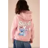 Kız Çocuk Stitch Baskılı Kapüşonlu Fermuarlı Pembe Sweatshirt