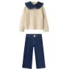 Kız Çocuk Triko Yaka Detaylı Çizgili Kot Pantolon Takım