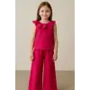 Yaka Detaylı Büzgülü Fuşya Keten Alt-Üst İkili Takım