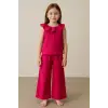Yaka Detaylı Büzgülü Fuşya Keten Alt-Üst İkili Takım