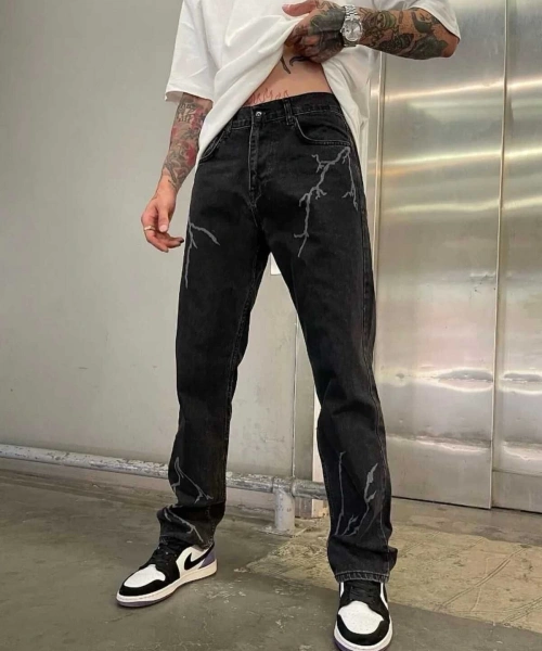 Baggy Fit Şimşek/yıldırım Desenli Koyu Gri Kot Pantolon Denim Oversize Phantom Jeans Sokak Stili