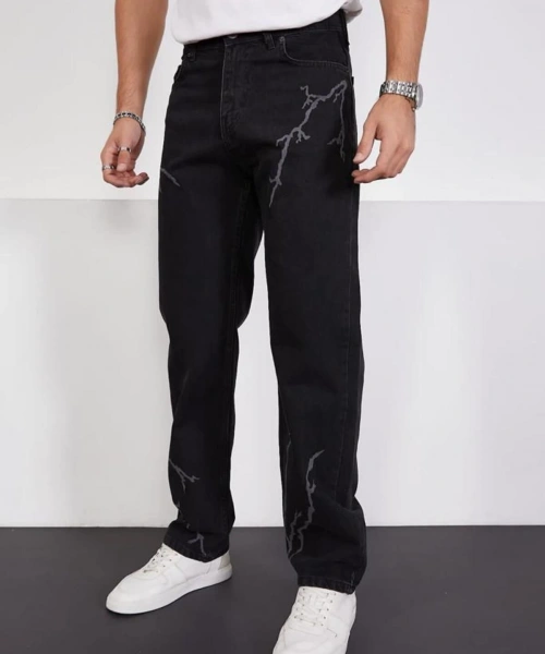 Siyah Şimşek-yıldırım Desenli Baggy Kot Pantolon Oversize Jeans Lazer Baskılı Phantom Jeans