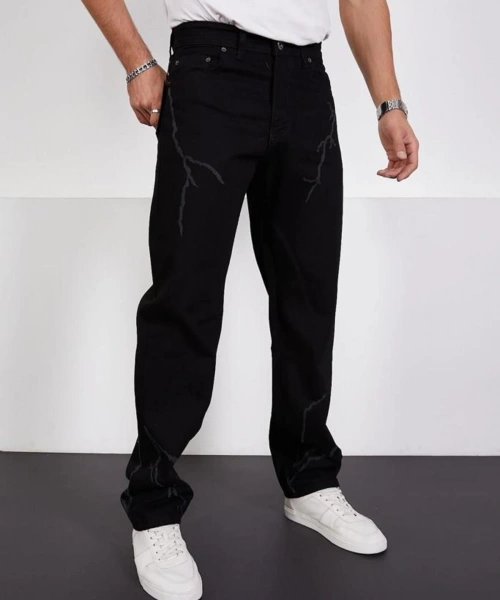 Siyah Şimşek-yıldırım Desenli Baggy Kot Pantolon Oversize Jeans Lazer Baskılı Phantom Jeans