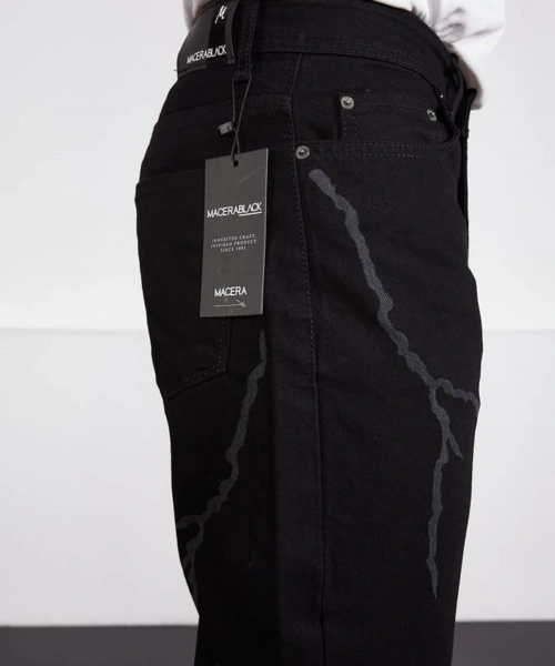 Siyah Şimşek-yıldırım Desenli Baggy Kot Pantolon Oversize Jeans Lazer Baskılı Phantom Jeans