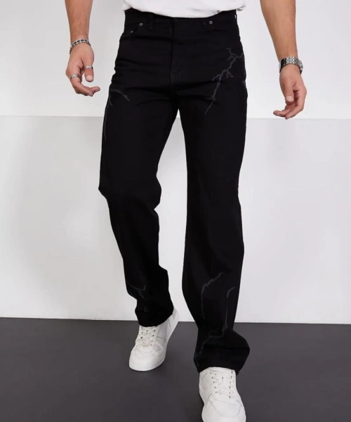 Siyah Şimşek-yıldırım Desenli Baggy Kot Pantolon Oversize Jeans Lazer Baskılı Phantom Jeans