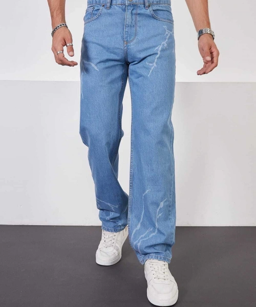Buz Mavi Baggy Pantolon Şimşek-yıldırım Desenli Lazer Baskı Oversize Baggy Kot Pantolon Normal Bel