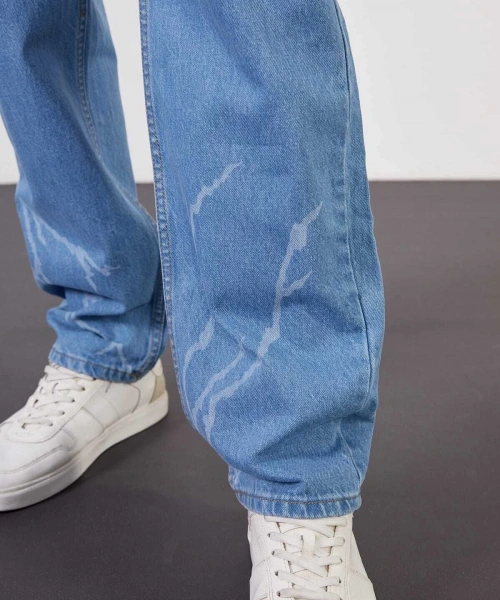 Buz Mavi Baggy Pantolon Şimşek-yıldırım Desenli Lazer Baskı Oversize Baggy Kot Pantolon Normal Bel