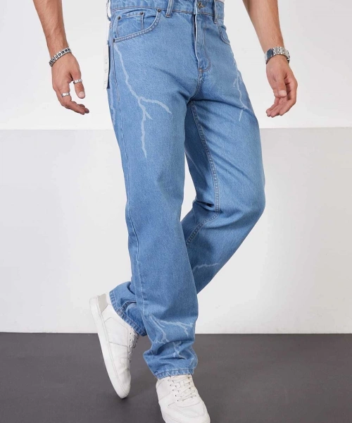 Buz Mavi Baggy Pantolon Şimşek-yıldırım Desenli Lazer Baskı Oversize Baggy Kot Pantolon Normal Bel