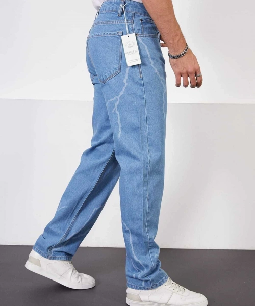 Buz Mavi Baggy Pantolon Şimşek-yıldırım Desenli Lazer Baskı Oversize Baggy Kot Pantolon Normal Bel