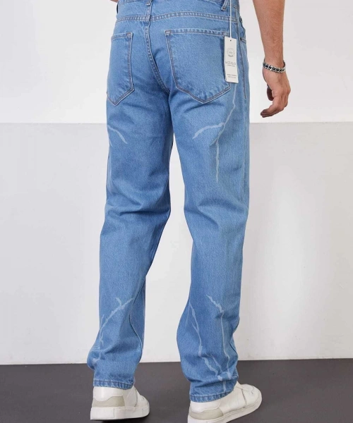 Buz Mavi Baggy Pantolon Şimşek-yıldırım Desenli Lazer Baskı Oversize Baggy Kot Pantolon Normal Bel