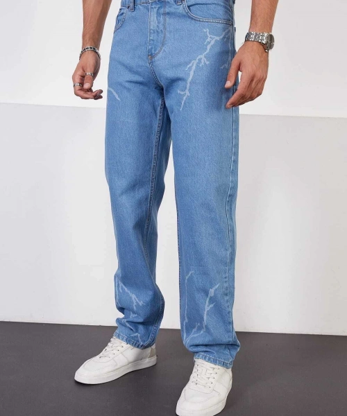 Buz Mavi Baggy Pantolon Şimşek-yıldırım Desenli Lazer Baskı Oversize Baggy Kot Pantolon Normal Bel