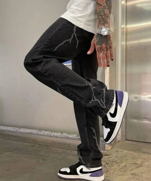 Baggy Şimşek/Yıldırım Desenli Jeans Kot Pantolon Koyu Gri Oversize Salaş Sokak Stili Denim