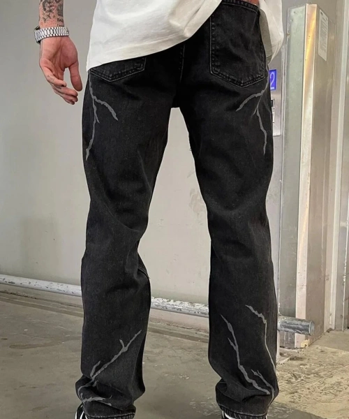 Baggy Şimşek/Yıldırım Desenli Jeans Kot Pantolon Koyu Gri Oversize Salaş Sokak Stili Denim