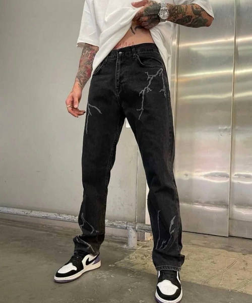 Baggy Şimşek/Yıldırım Desenli Jeans Kot Pantolon Koyu Gri Oversize Salaş Sokak Stili Denim