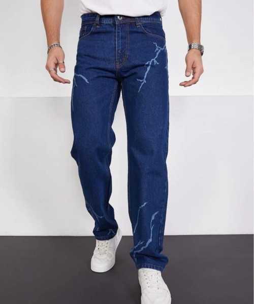 Koyu Mavi Şimşek-yıldırım Desenli Baggy Kot Pantolon Oversize Jeans Lazer Baskılı Phantom Jeans