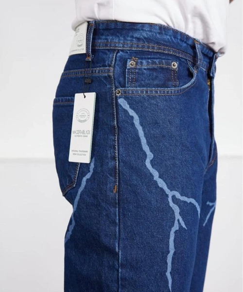 Koyu Mavi Şimşek-yıldırım Desenli Baggy Kot Pantolon Oversize Jeans Lazer Baskılı Phantom Jeans