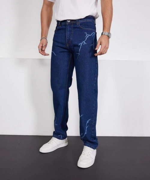 Koyu Mavi Şimşek-yıldırım Desenli Baggy Kot Pantolon Oversize Jeans Lazer Baskılı Phantom Jeans