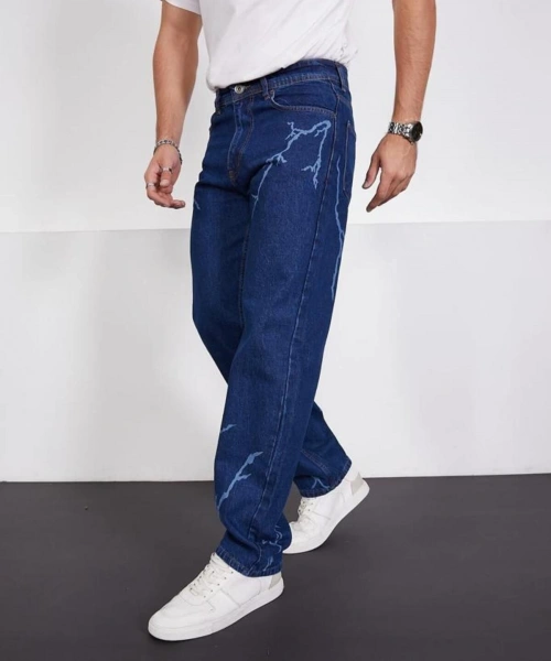 Koyu Mavi Şimşek-yıldırım Desenli Baggy Kot Pantolon Oversize Jeans Lazer Baskılı Phantom Jeans