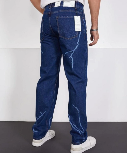 Koyu Mavi Şimşek-yıldırım Desenli Baggy Kot Pantolon Oversize Jeans Lazer Baskılı Phantom Jeans